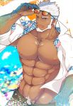  1boy abs aegir_(tokyo_houkago_summoners) bara beard blue_eyes body_hair chest dark_skin dark_skinned_male facial_hair fish_scales glasses highres kuro_(shiranui) long_sleeves looking_at_viewer male_focus muscle nipples open_clothes open_shirt pectorals shirt short_sleeves simple_background smile solo tokyo_houkago_summoners tongue white_hair 