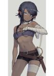  1girl arm_at_side bandaged_arm bandaged_leg bandaged_neck bandages bare_shoulders belt belt_buckle black_hair black_shorts blue_hair breasts buckle closed_mouth collarbone commentary_request dagger dark_elf dark_skin earrings elf expressionless hair_over_one_eye highres jewelry navel original pointy_ears saz8720 sheath sheathed short_hair_with_long_locks short_shorts shorts single_sidelock small_breasts stomach strapless tubetop two-tone_background under_boob weapon 