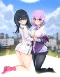  2girls ass bangs bare_legs black_hair black_legwear black_skirt blue_eyes blurry blurry_background blush bow breasts cardigan commentary_request eyebrows_visible_through_hair highres jacket large_breasts lavender_hair long_hair long_sleeves looking_at_viewer multiple_girls no_shoes pantyhose pink_legwear pleated_skirt purple_jacket red_eyes scrunchie shimasay shinjou_akane shirt short_hair skirt smile ssss.gridman straight_hair takarada_rikka thighs white_cardigan white_shirt wrist_scrunchie 