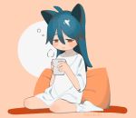 1girl animal_ears antenna_hair bangs blue_hair blush_stickers cat_ears cat_girl cat_tail closed_mouth cup dark_blue_hair drink from_side full_body hair_between_eyes half-closed_eyes hands_up head_down holding holding_cup long_hair looking_down niwabuki original pillow pink_background red_eyes ruka_(niwabuki) shirt short_sleeves signature simple_background sitting sleepwear smile socks solo steam tail two-tone_background wariza white_legwear white_shirt 