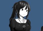  1girl blue_background breasts cain_(gunnermul) closed_mouth expressionless eyebrows_visible_through_hair greyscale habit jewelry large_breasts looking_away mabinogi medium_hair monochrome necklace ponytail solo upper_body 