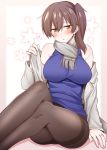  1girl bangs bare_shoulders blush breasts brown_hair eyebrows_visible_through_hair floral_background hair_between_eyes heart holding_dress jacket jewelry kaga_(kantai_collection) kantai_collection knees_up large_breasts looking_at_viewer open_clothes open_jacket open_mouth orange_eyes pantyhose purple_shirt revision ring rui_shi_(rayze_ray) scarf shirt short_hair side_ponytail sidelocks simple_background sitting sleeveless sleeveless_shirt solo spoken_heart thighband_pantyhose turtleneck 