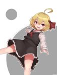  1girl black_dress blonde_hair dated dress eyebrows_visible_through_hair hair_ribbon haryu_moe highres outstretched_arms red_eyes red_ribbon ribbon rumia short_hair simple_background smile spread_arms standing touhou white_background 