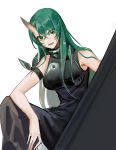  1girl :d absurdres almond_(gun) arknights arm_ribbon bangs bare_arms bare_shoulders black_dress black_ribbon breasts dress eyebrows_visible_through_hair feet_out_of_frame green_hair grey_eyes hair_between_eyes highres horn hoshiguma_(arknights) large_breasts long_hair looking_at_viewer open_mouth ribbon simple_background sleeveless sleeveless_dress smile solo white_background 