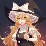  1girl :d almond_(gun) bangs black_background black_headwear black_vest blonde_hair blush bow braid breasts brown_background eyebrows_visible_through_hair gradient gradient_background hair_between_eyes hat hat_bow highres kirisame_marisa light_particles long_hair looking_at_viewer open_mouth puffy_short_sleeves puffy_sleeves shirt short_sleeves single_braid small_breasts smile solo touhou upper_body v vest white_bow white_shirt witch_hat yellow_eyes 