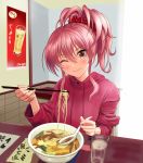  1girl bangs blush bow bowl breasts chopsticks cup drawstring eyelashes food hair_between_eyes hair_bow highres holding holding_chopsticks hood hooded_sweater idolmaster idolmaster_cinderella_girls jougasaki_mika long_hair long_sleeves looking_at_viewer medium_breasts noodles one_eye_closed pink_hair pink_sweater ponytail ramen sidelocks smile solo sweater table taka_(takahirokun) yellow_eyes 