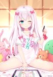  1girl :p arm_up blue_eyes bow commentary_request eromanga_sensei hair_bow highres izumi_sagiri long_hair no_pants nomier off_shoulder one_eye_closed panties panty_peek ribbon shirt short_sleeves silver_hair sitting smile solo spread_legs stuffed_animal stuffed_toy stylus t-shirt tablet_pc teddy_bear thighs tongue tongue_out underwear white_panties white_shirt wrist_ribbon 