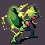  absorb_(pokemon) commentary creature energy english_commentary full_body gen_3_pokemon green_background highres legs_apart looking_away multiple_sources pokemon pokemon_(creature) shadow simple_background solo standing treecko viralzone13 