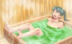  1girl barefoot bath bathing blank_eyes character_request collarbone eyebrows_visible_through_hair green_hair ishii_hisao kantai_collection leaning_back long_hair nude open_mouth sitting soles solo steam toes twintails water 