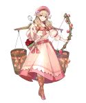  1girl arrow bangs belt bow_(weapon) braid brown_eyes brown_legwear dress faye_(fire_emblem) fire_emblem fire_emblem_echoes:_shadows_of_valentia fire_emblem_heroes floral_print food full_body hat highres holding holding_bow_(weapon) holding_weapon light_brown_hair long_dress long_hair official_art pink_dress puffy_short_sleeves puffy_sleeves quiver shiny shiny_hair shoes short_sleeves socks solo tied_hair transparent_background twin_braids twintails weapon 