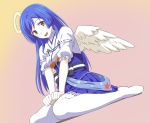  1girl :d angel_wings blue_hair blue_sash blue_skirt blush brown_eyes copyright_request dutch_angle hakama_skirt halo ishii_hisao long_hair looking_at_viewer obi open_mouth pink_background puffy_short_sleeves puffy_sleeves sash short_sleeves sitting skirt smile solo thigh-highs wariza white_legwear wings 