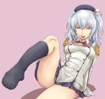  1girl biting_tongue black_legwear blue_eyes blue_skirt breasts breasts_apart double-breasted epaulettes eyebrows_visible_through_hair gloves grey_hair hat ishii_hisao jacket kantai_collection kashima_(kantai_collection) leaning_back leg_up long_sleeves looking_at_viewer no_shoes pleated_skirt purple_background simple_background sitting skirt smile socks solo toes tongue tongue_out twintails white_gloves white_jacket 