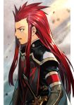  1boy asch green_eyes hankuri long_hair male_focus open_mouth redhead simple_background solo surcoat sword tales_of_(series) tales_of_the_abyss weapon 