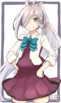  1girl absurdres ahoge asashimo_(kantai_collection) blazer bow bowtie cowboy_shot grey_eyes grin hair_over_one_eye halterneck hands_on_hips highres jacket kantai_collection long_hair looking_at_viewer ma_rukan ponytail remodel_(kantai_collection) school_uniform sharp_teeth silver_hair smile solo standing teeth thigh-highs translation_request 