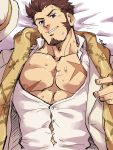  1boy abs alternate_costume beard blue_eyes brown_hair chest facial_hair fate/grand_order fate_(series) hat highres kirupi long_sleeves looking_at_viewer male_focus muscle napoleon_bonaparte_(fate/grand_order) open_clothes open_shirt pectorals scar scarf sideburns simple_background smile solo sweat upper_body 