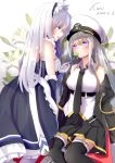  2girls absurdres apron azur_lane belfast_(azur_lane) belt black_belt black_coat black_legwear black_neckwear blue_eyes blush braid breasts broccoli chinese_commentary coat collar commentary_request enterprise_(azur_lane) flower french_braid frilled_apron frilled_gloves frills gloves grey_hair hat highres karv large_breasts lily_(flower) long_hair maid maid_apron maid_headdress military_hat multiple_girls open_clothes open_coat peaked_cap pleated_skirt shirt sitting skirt sleeveless sleeveless_shirt thigh-highs underbust violet_eyes white_apron white_hair white_headwear yuri 