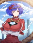  1girl artist_name bangs blue_hair blue_sky breasts clouds commentary_request crossed_arms dated day large_breasts leaf long_sleeves looking_to_the_side mirror mudix2 pillar puffy_short_sleeves puffy_sleeves red_eyes red_shirt rope shide shimenawa shirt short_hair short_sleeves signature sky smile solo touhou upper_body v-shaped_eyebrows yasaka_kanako 