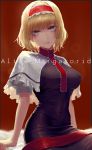  1girl alice_margatroid bangs black_dress blonde_hair blue_eyes breasts capelet character_name closed_mouth covered_navel dress eit_(ikeuchi) frilled_capelet frilled_headband frills hair_intakes headband highres large_breasts looking_at_viewer red_background red_headband red_neckwear shiny shiny_hair short_hair short_sleeves simple_background solo touhou white_capelet 