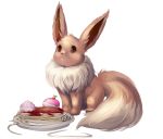  2016 brown_eyes commentary creature eevee english_commentary food frown full_body gen_1_pokemon mnstrcndy pasta plate pokemon pokemon_(creature) signature simple_background solo spaghetti white_background 