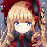  1girl bangs black_bow black_hairband black_ribbon blue_eyes blush bow commentary_request dress drill_hair eyebrows_visible_through_hair flower frilled_hairband frills hair_ribbon hairband long_hair looking_at_viewer parted_lips red_dress red_flower red_rose ribbon rose rozen_maiden shinku sidelocks solo sunameri_(pixiv3564245) twintails upper_body 