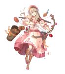  1girl arrow bangs belt bow_(weapon) braid brown_eyes brown_legwear dress faye_(fire_emblem) fire_emblem fire_emblem_echoes:_shadows_of_valentia fire_emblem_heroes floral_print food full_body hat highres holding holding_bow_(weapon) holding_weapon light_brown_hair long_dress long_hair official_art pink_dress puffy_short_sleeves puffy_sleeves quiver shiny shiny_hair shoes short_sleeves socks solo tied_hair transparent_background twin_braids twintails weapon 