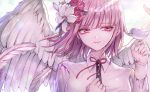  1girl angel_wings animal bangs bird breasts commentary_request dangan_ronpa eyebrows_visible_through_hair feathered_wings flower hair_flower hair_ornament large_breasts nanami_chiaki pink_eyes pink_hair pink_ribbon red_flower red_rose ribbon rose short_hair smile solo super_dangan_ronpa_2 white_flower wings z-epto_(chat-noir86) 