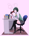  1girl absurdres action_figure camcorder chair computer green_hair hairband highres hone_(honehone083) idolmaster indoors laptop mole mole_under_mouth monitor office_chair office_lady on_chair otonashi_kotori phone red_eyes short_hair skirt smile solo super_saiyan thigh-highs toy 