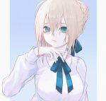  1girl artoria_pendragon_(all) bangs blonde_hair blue_background blue_ribbon braid commentary_request fate/grand_order fate/stay_night fate_(series) frown green_eyes hair_between_eyes hair_ornament hair_ribbon kerokero671 long_sleeves ribbon saber shirt simple_background white_shirt 