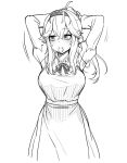  1girl adjusting_hair arms_up blush breasts cain_(gunnermul) character_request closed_mouth copyright_request expressionless eyebrows_visible_through_hair greyscale hair_tie hair_tie_in_mouth hairband large_breasts long_sleeves looking_away monochrome mouth_hold sketch solo upper_body 