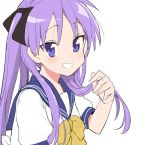 1girl azuse_neko blue_sailor_collar bow bowtie commentary_request grin hiiragi_kagami looking_at_viewer lucky_star purple_hair ryouou_school_uniform sailor_collar school_uniform serafuku simple_background smile solo twintails upper_body violet_eyes white_background yellow_neckwear 