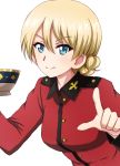  1girl absurdres bangs blonde_hair blue_eyes braid closed_mouth cup darjeeling_(girls_und_panzer) epaulettes eyebrows_visible_through_hair girls_und_panzer highres holding holding_cup insignia jacket long_sleeves looking_at_viewer military military_uniform omachi_(slabco) pointing pointing_at_viewer red_jacket short_hair simple_background smile solo st._gloriana&#039;s_military_uniform teacup tied_hair uniform upper_body white_background 