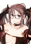  1girl bangs bare_shoulders black_dress blush breasts brown_eyes brown_hair center_opening choker collarbone consort_yu_(fate) dress ear_piercing earrings fate/grand_order fate_(series) glasses gloves highres jewelry long_hair looking_at_viewer medium_breasts piercing revealing_clothes smile solo strapless toi8 very_long_hair 
