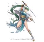  1girl aqua_dress arm_up bangs belt boots breasts cape company_name cuboon dress earrings eyebrows_visible_through_hair fingerless_gloves fire_emblem fire_emblem_heroes full_body gloves green_eyes green_hair holding holding_sword holding_weapon jewelry knee_boots leg_up long_hair looking_away looking_to_the_side lyn_(fire_emblem) medium_breasts official_art outstretched_arm parted_lips pelvic_curtain ponytail puffy_short_sleeves puffy_sleeves sheath short_sleeves simple_background smile solo standing standing_on_one_leg sword thighs torn_clothes torn_dress under_boob unsheathed v-shaped_eyebrows very_long_hair weapon white_background white_cape white_footwear white_gloves wrist_guards 