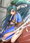 1girl absurdly_long_hair blue_dress blue_eyes blue_hair boo_cipher closed_mouth dress fire_emblem fire_emblem:_the_blazing_blade floating_hair gradient_hair green_hair hair_between_eyes highres holding holding_sword holding_weapon indoors long_hair looking_at_viewer lyn_(fire_emblem) multicolored_hair sheath shiny shiny_hair short_sleeves side_slit solo sword very_long_hair weapon 