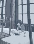  1girl black_hair blue_theme bread chair collared_shirt dithering dress_shirt drink eating food fork glass holding holding_fork holding_knife indoors jacket knife long_hair monochrome original school_uniform shirt sitting smetana_(hamsterfragment) snow solo steak table tablecloth white_shirt window 