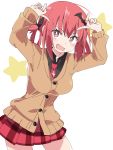  1girl bat_hair_ornament black_shirt breasts brown_cardigan cardigan eyebrows_visible_through_hair gabriel_dropout hair_ornament hands_up ixy kurumizawa_satanichia_mcdowell large_breasts long_sleeves looking_at_viewer necktie open_mouth plaid plaid_skirt red_eyes red_neckwear red_skirt redhead shirt short_hair simple_background skirt solo star white_background 