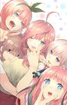  5girls :d absurdres ahoge akanbe bangs beige_sweater black_ribbon blue_eyes blunt_bangs blurry blurry_background blush breasts brown_hair butterfly_hair_ornament clenched_teeth closed_mouth collared_shirt commentary_request cowboy_shot eyebrows_behind_hair finger_to_eye go-toubun_no_hanayome green_hairband green_ribbon hair_between_eyes hair_intakes hair_ornament hair_over_eyes hair_ribbon hairband haruba_negi head_on_chest highres hug large_breasts lavender_hair long_hair long_sleeves looking_at_viewer multicolored multicolored_nails multiple_girls nakano_ichika nakano_itsuki nakano_miku nakano_nino nakano_yotsuba official_art one_eye_closed open_mouth orange_hair pink_hair polka_dot polka_dot_background quintuplets red_sweater redhead ribbon school_uniform shirt short_hair short_sleeves siblings sidelocks sisters smile star star_hair_ornament sweater sweater_vest teeth tongue tongue_out two_side_up v white_background white_shirt 