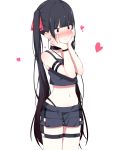  1girl bangs bare_shoulders black_camisole black_choker black_hair black_panties black_shorts blunt_bangs blush camisole choker closed_mouth collarbone commentary_request eyebrows_behind_hair hair_ribbon hands_on_own_face hands_up heart highleg highleg_panties ichiki_1 long_hair looking_away midriff navel nose_blush original panties red_eyes red_ribbon ribbon short_shorts shorts solo thigh_strap twintails underwear very_long_hair wavy_mouth 