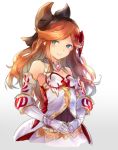  1girl alternate_costume aqua_eyes armor bare_shoulders belt black_headband breasts choker collar cosplay gauntlets gem godguard_brodia godguard_brodia_(cosplay) granblue_fantasy hair_ornament hair_ribbon headband long_hair looking_to_the_side orange_hair ribbon sara_(granblue_fantasy) satsumi skirt small_breasts smile solo wavy_hair 