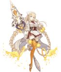  1girl apron aqua_eyes blonde_hair bow braid breasts corset cream cream_on_face finger_licking food food_on_face frilled_skirt frills full_body ji_no lance large_breasts licking long_hair looking_at_viewer official_art petals polearm rapunzel_(sinoalice) sinoalice skirt solo spear thigh-highs transparent_background twintails very_long_hair weapon whipped_cream wrist_cuffs 