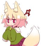  1girl animal_ear_fluff animal_ears bangs bell bell_collar blush brown_collar collar commentary_request eyebrows_visible_through_hair fox_ears fox_girl fox_tail green_shirt hair_between_eyes hair_bun hair_ornament jingle_bell kemomimi-chan_(naga_u) long_hair long_sleeves looking_at_viewer looking_to_the_side naga_u notice_lines original parted_lips pleated_skirt purple_skirt red_eyes sailor_collar shirt sidelocks simple_background skirt sleeves_past_fingers sleeves_past_wrists solo tail tail_raised white_background white_sailor_collar 