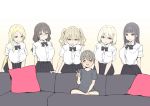  1boy 5girls :&gt; :q =_= age_difference bangs black_hair black_neckwear black_skirt blonde_hair blue_eyes bow bowtie breasts brown_eyes commentary couch dress_shirt eyebrows_visible_through_hair facing_viewer glasses green_eyes grey_hair hair_between_eyes hair_ornament hairclip highres large_breasts leaning_forward long_hair looking_at_another meme multiple_girls original parody parted_lips pillow piper_perri_surrounded pleated_skirt shirt short_hair short_sleeves sitting skirt sky_(freedom) smile tented_shirt tongue tongue_out twintails v very_long_hair violet_eyes white_shirt you_gonna_get_raped 