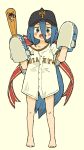  1girl :d bangs barefoot baseball_cap beige_background black_headwear blue_eyes blue_hair blush_stickers bow commentary_request eyebrows_visible_through_hair full_body hair_between_eyes hand_puppet hands_up hat highres holding long_hair looking_at_viewer open_mouth original puppet red_bow shark_girl_(yukimoto_shuuji) sharp_teeth shirt short_sleeves simple_background smile solo sportswear standing striped striped_bow teeth very_long_hair white_shirt wide_sleeves yukimoto_shuuji_(gurigura) 