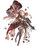  1girl belt blonde_hair bow cake candy capelet detached_sleeves eating food frills full_body hammer hood hooded_capelet ji_no little_red_riding_hood_(sinoalice) looking_at_viewer mary_janes official_art orange_eyes over_shoulder pastry ribbon shoes sinoalice solo striped striped_legwear thigh-highs thigh_strap transparent_background weapon weapon_over_shoulder 