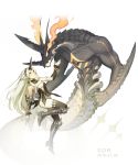  1girl armor bare_shoulders blonde_hair braid closed_eyes closed_mouth dragon fire gloves glowing glowing_eyes greaves highres horn light_blush long_hair original platinum_blonde_hair scales sdr1989 thigh-highs vambraces yellow_eyes 