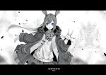  1girl amiya_(arknights) animal_ears arknights ascot bangs blue_eyes center_frills commentary copyright_name eyebrows_visible_through_hair frills highres hood hood_down hooded_jacket jacket jewelry letterboxed long_hair long_sleeves looking_at_viewer lulu-chan92 monochrome open_clothes open_jacket open_mouth plaid plaid_skirt pleated_skirt ponytail rabbit_ears ring shirt sidelocks skirt solo spot_color thumb_ring v-shaped_eyebrows very_long_hair 