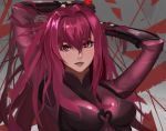  1girl arm_behind_head arms_up bangs bodysuit breasts breasts_apart fate/grand_order fate_(series) hair_between_eyes hair_intakes long_hair looking_at_viewer medium_breasts michaeler25 parted_lips purple_bodysuit red_eyes redhead scathach_(fate)_(all) scathach_(fate/grand_order) shiny shiny_clothes shiny_hair solo upper_body very_long_hair 