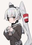  1girl alternate_hairstyle amatsukaze_(kantai_collection) blush brown_eyes commentary_request fingers_together gloves grey_background hair_tubes hat kantai_collection long_hair long_sleeves looking_at_viewer monaka_ooji neckerchief sailor_collar silver_hair single_glove solo twintails upper_body white_gloves 
