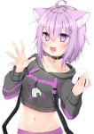  1girl :3 :d ahoge animal_ear_fluff animal_ears bangs black_collar blush breasts cat_ears collar collarbone commentary_request crop_top drawstring eyebrows_visible_through_hair fang food grey_hoodie groin hair_between_eyes hands_up highres holding holding_food hololive hood hood_down hoodie midriff navel nekomata_okayu onigiri open_mouth purple_hair simple_background small_breasts smile solo violet_eyes virtual_youtuber white_background yuuzaki 
