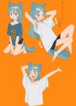  /\/\/\ 1girl animal_ears antenna_hair aqua_hair arm_behind_head arm_support armpits arms_behind_head arms_up bangs bare_legs barefoot between_legs black_shorts blue_shirt blush cat_ears cat_girl cat_tail closed_eyes collarbone dot_nose eyebrows eyebrows_visible_through_hair facing_viewer fangs from_side grin hair_between_eyes hair_ornament hairclip hand_between_legs highres long_hair looking_away multiple_views muted_color niwabuki open_mouth orange_background original parted_lips red_eyes ruka_(niwabuki) shirt short_sleeves shorts simple_background single_tear smile squatting stretch t-shirt tail tareme tearing_up translation_request upper_body white_shirt yawning 